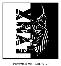 Vector image of the head of a lynx. Big forest cat. Snow predator. Black tribal tattoo. Vector illustration.