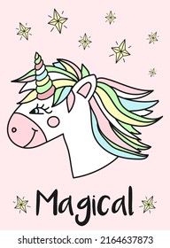 Vektorbild des Kopfes eines fröhlichen Einhorns, Sterne und die Inschrift Magisch. Konzept des Urlaubs, Babydusche, Geburtstag, Party, Drucke für Kleidung und Texturen.