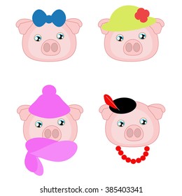 vector image of the head of the pig girl in a different hat