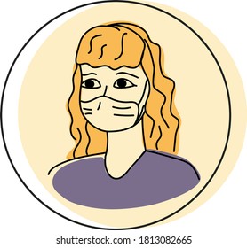 Vector image of a  head and shoulders portrait of a smiling girl in a mask and a violet t-shirt with long hair on a round background