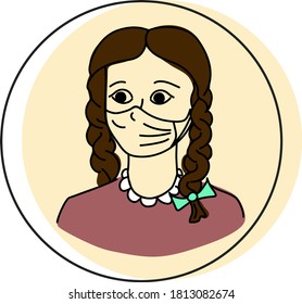 Vector image of a head and shoulders portrait of a girl in mask with pigtails and a t-shirt on a round background