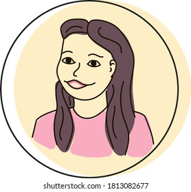Vector image of a head and shoulders portrait of a smiling girl in a pink t-shirt and long hair on a round background