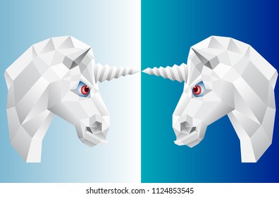 Vector image of head of a unicorn on a blue background in the square. Low polygonal silhouette of a white animal with large red eyes.