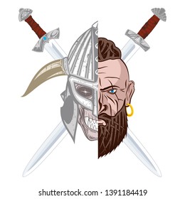 Vector image of the head of the Viking. Dead hero. Skull of the mythical warrior. Drawing for design. Scandinavian myths.  Illustrations for t shirt print. Norman grunge style. Nordic tattoo.