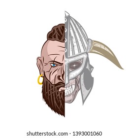 Vector image of the head of the Viking. Dead hero. Skull of the mythical warrior. Drawing for design. Scandinavian myths.  Illustrations for t shirt print. Norman grunge style. Nordic tattoo.