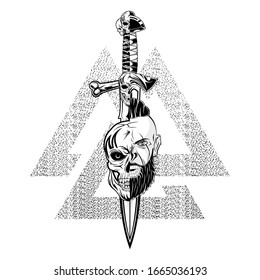 Vector image head of the Viking. Dead hero. Skull of the mythical warrior. Scandinavian myths.  Illustrations for t shirt print. Norman grunge style. Triskelion. Triskele. Valknut. Nordic tattoo.