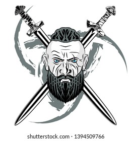 Vector image of the head of the Viking. Mythical norse warrior. Drawing for design. Scandinavian myths.  Illustrations for t shirt print. Norman grunge style. Triskelion. Triskele. Valknut. Tattoo.