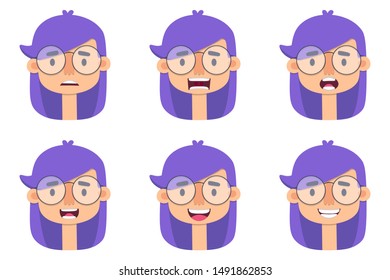 Vector image of the head of woman variation of feelings and their presentation. Character avatar for game, cartoon or icon. Flat illustration.Character with glasses and purple hair.