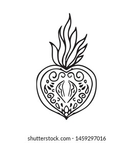 vector image of heart with flame, graphic symbol of life, tattoo design, happiness icon