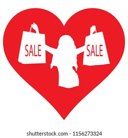 Vector image. Heart, girl with shopping. I like shopping, sales. Can be used in stickers, textiles, advertisements, websites.