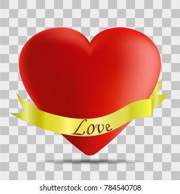 Vector image of a heart with a golden ribbon with a caption of love on a transparent background