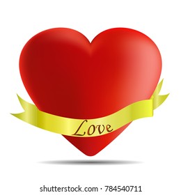 Vector image of a heart with a golden ribbon with a caption of love on a white background