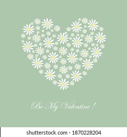 Imagen vectorial de un corazón hecho de flores de camomila. Felicitaciones por San Valentín. Plantilla para postales, volantes, banners.
