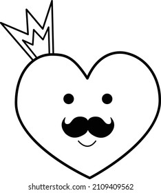 Vector image of a heart with a mustache and a crown.A romantic love message. An element of the decor of a wedding celebration.A simple contour vector, website or mobile application.