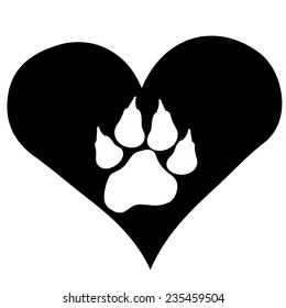 Vector image heart with paw on black background.