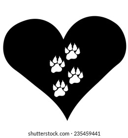 Vector image heart with paws on black background.