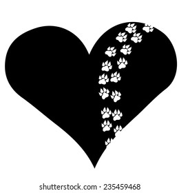 Vector image heart with paws on black background.