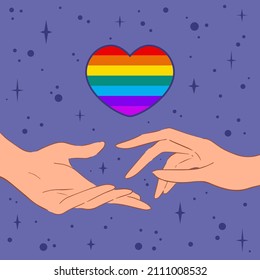 Vector image of heart shaped rainbow flag and hands. Vector illustration with hand reaching out to each others and LGBT flag in heart shape against purple starry sky