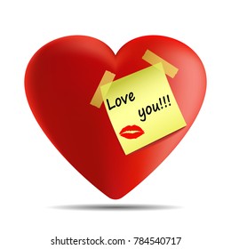 Vector image of a heart with a sticker with the inscription I love you and a lip impression from a kiss on a white background