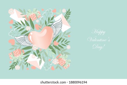 Imagen vectorial de un corazón con alas, flores, regalos, valentinas. Plantilla para postal, volante, banner.