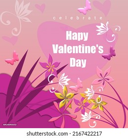 imagen vectorial de un corazón envuelto en un arreglo de flor, hierba y mariposa con un texto de saludo falentino. Adecuado para las valentinas,