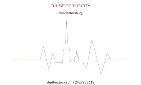 Imagen vectorial de un latido o pulso, con el contorno de la Fortaleza de Pedro y Pablo. El pulso de la ciudad. Noticias de San Petersburgo. La capital del norte de Rusia.