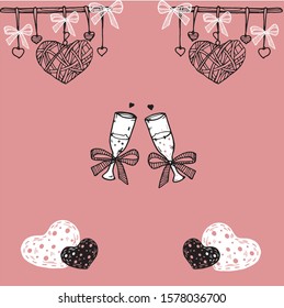 Vector image. Hearts, bows, in the center two glasses on a pink background. Love. Valentine's Day. Wedding.