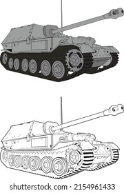 Vector image of a heavy German tank destroyer of the Second World War Ferdinand. Two options color and white