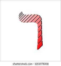 Vector image of Hebrew letters, gradient of red and white colors, with dark shadow, isolated on white background. The reish letter.