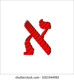 Vector image of Hebrew letters of red color with black shadow isolated on white background. Artistic style of drawing lines of different thickness. The aleph letter.