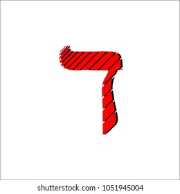 Vector image of Hebrew letters of red color with black shadow isolated on white background. Artistic style of drawing lines of different thickness. The dalet letter.