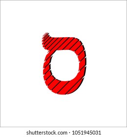 Vector image of Hebrew letters of red color with black shadow isolated on white background. Artistic style of drawing lines of different thickness. The sameh letter.