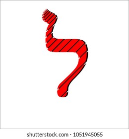 Vector image of Hebrew letters of red color with black shadow isolated on white background. Artistic style of drawing lines of different thickness. The lamed letter.