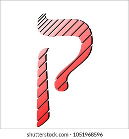 Vector image of Hebrew letters of a red-bevel color gradient, with a dark shadow, isolated on a white background. Artistic style of drawing lines of different thickness. The Kuf letter.