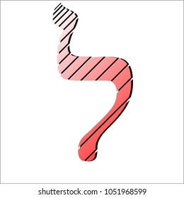 Vector image of Hebrew letters of a red-bevel color gradient, with a dark shadow, isolated on a white background. Artistic style of drawing lines of different thickness. The Lamed letter.