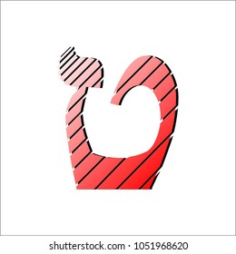 Vector image of Hebrew letters of a red-bevel color gradient, with a dark shadow, isolated on a white background. Artistic style of drawing lines of different thickness. The Tet letter.
