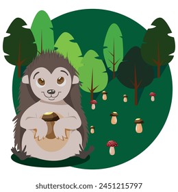 Vector image of a hedgehog. A cute animal in a forest clearing surrounded by mushrooms.