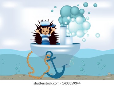 Vector image of a hedgehog floating on a boat. Series of illustrations