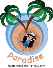 Vector image of a hedgehog on an island under a palm tree. Series of illustrations
