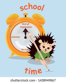 Vector image of a hedgehog with a pencil from a series of illustrations with a hedgehog