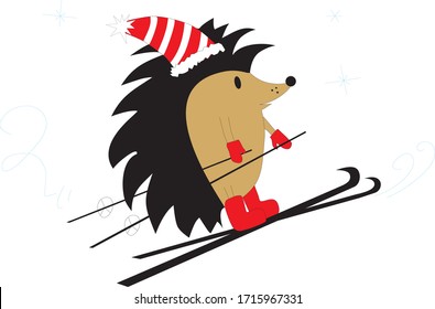 Vector image of a hedgehog who is skiing.