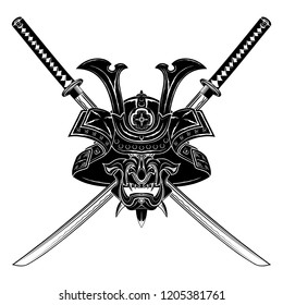 Vector image of a helmet and Samurai's mask against the background of swords. Mythical Japanese warrior. Illustrations for t shirt print; textiles; prints; other uses. Black tattoo. Vector.