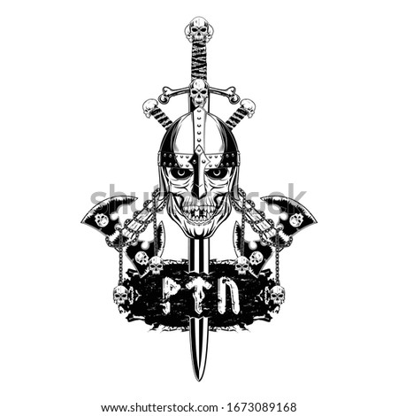 Vector image of a helmet, swords and fighting axes. Dead head. Skull of the fantastic Celtic warrior. Runes: victory, fight, power. Illustration of Scandinavian myths. T shirt print. Black tattoo.