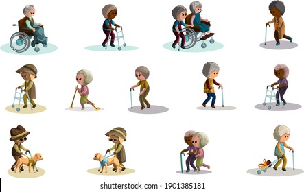 Vector image. Help for the elderly and people with disabilities. Relationships between elderly people, doctors and social workers without protective medical masks. set. Cartoon style
