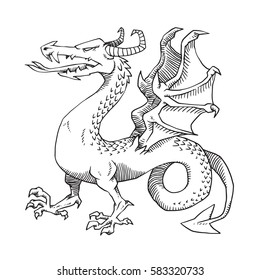 Vector image of heraldic dragon with a body like a snake standing and turn left on a white background. Coat of arms, heraldry, emblem, symbol. Made in monochrome style. Vector illustration.