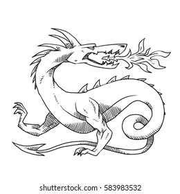 Vector image of heraldic dragon with body like snake standing and looking behind his back  on a white background. Coat of arms, heraldry, emblem, symbol. Made in monochrome style. Vector illustration.