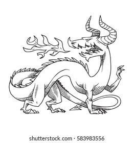 Vector image of heraldic dragon with horns standing turn right and looking behind his back  on a white background. Coat of arms, heraldry, emblem, symbol. Made in monochrome style. Vector illustration