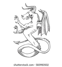 Vector image of heraldic formidable dragon with a body like a snake standing and turn left on a white background. Coat of arms, heraldry, emblem, symbol. Made in monochrome style. Vector illustration.