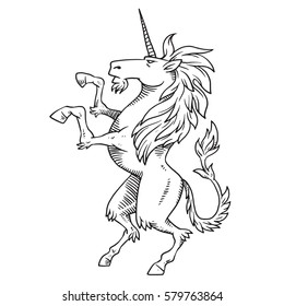 Vector image of heraldic formidable unicorn standing on his hind hooves and turn left on a white background. Coat of arms, heraldry, emblem, symbol. Made in monochrome style. Vector illustration.