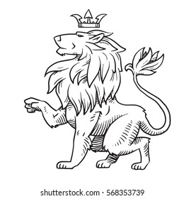 Vector image of heraldic lion with a big mane sitting turned left with a crown on his head on a white background. Coat of arms, heraldry, emblem, symbol. Made in monochrome style. Vector illustration.